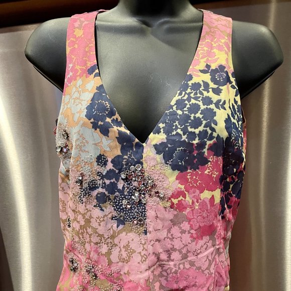 Sz XS 100% Silk Maxi Dress Floral Pink Blue RHINESTONE EMBELLISHED Sleeveless - Picture 9 of 14